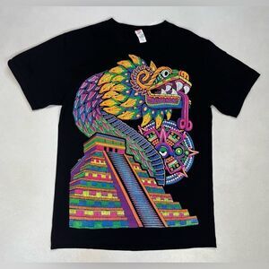 Mayan Pyramid Mexican Art Dragon Souvenir T-shirt Women Small Black Short Sleeve